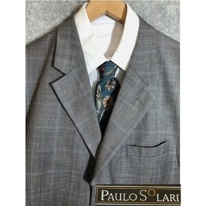 Paulo Solari  Mens Blazer 46L Gray Wool Windowpane Super 100 Wool Classic Career